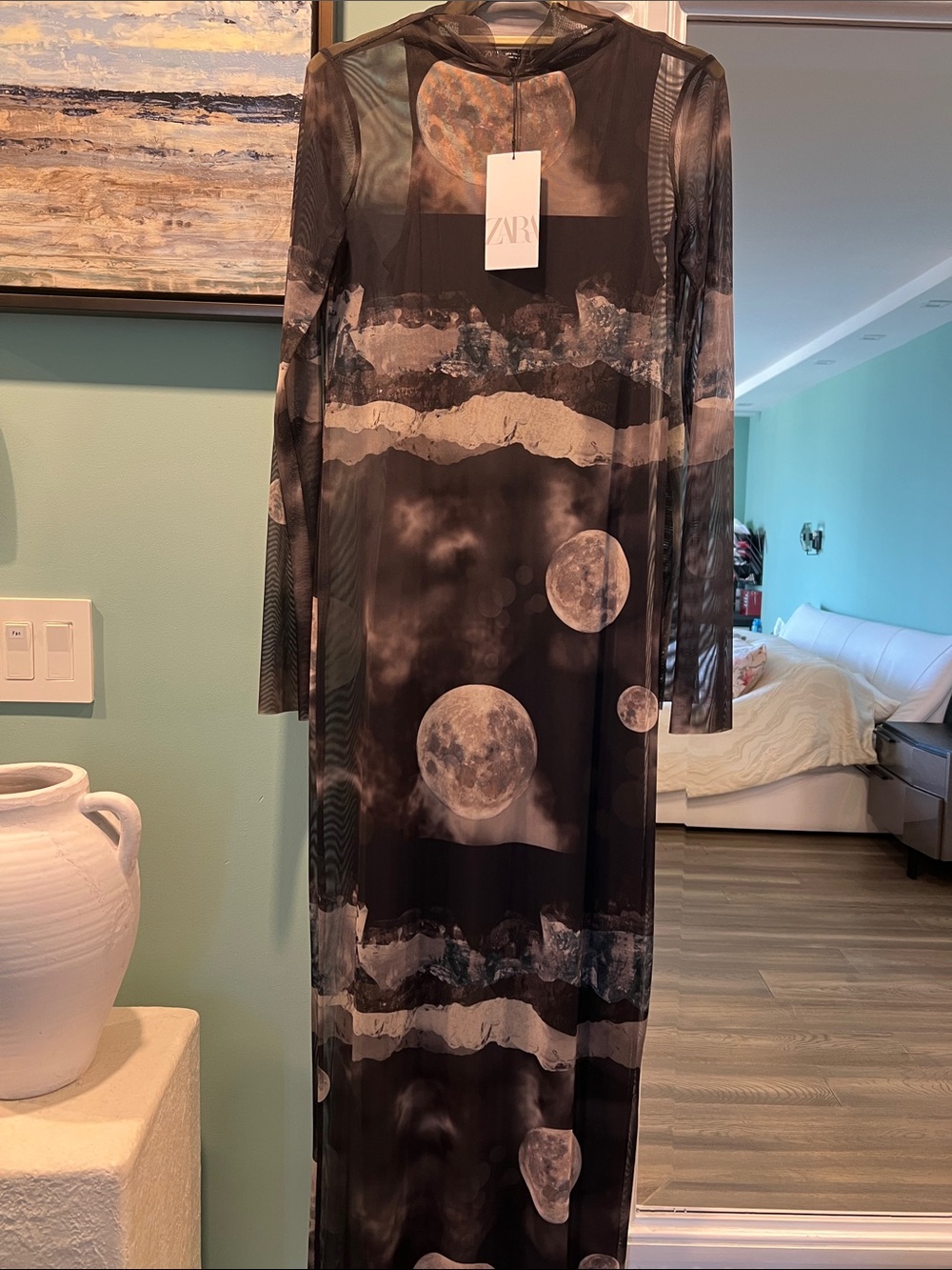 Zara Black Moon-Print Sheer Maxi Dress